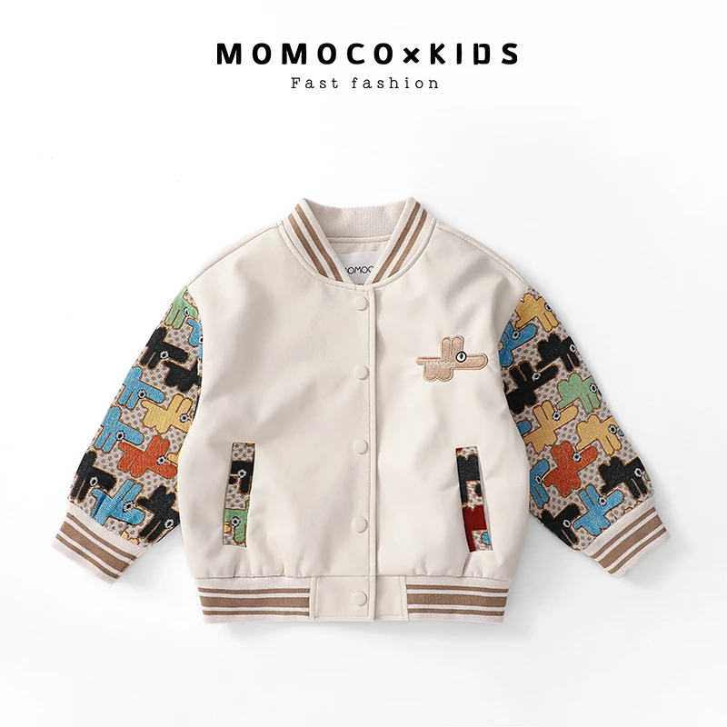 MOMOCO男女童春季韩版拼接时尚百搭夹克皮衣75130105003
