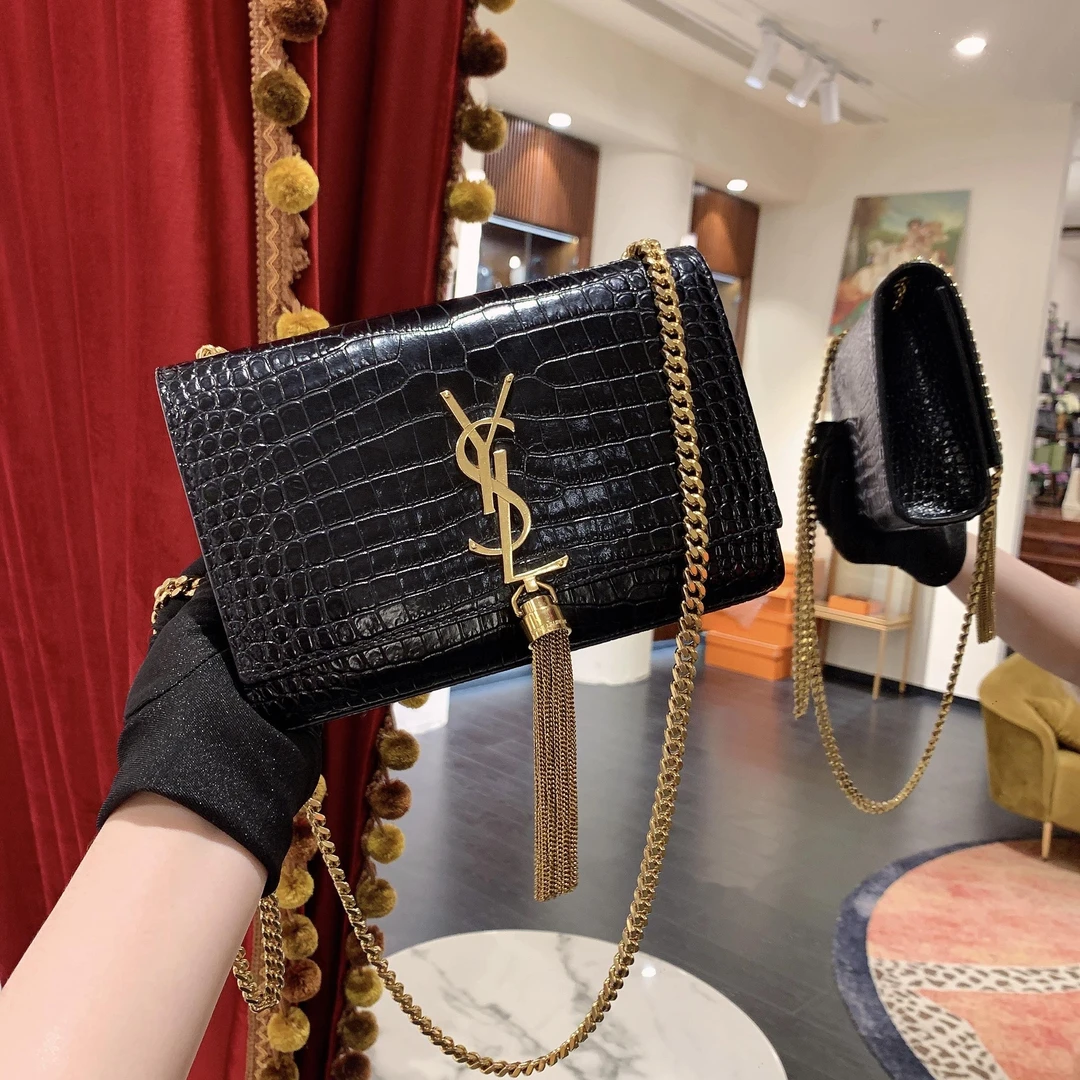 95新 YSL/圣罗兰 GGS流苏Kate小号黑色金扣鳄鱼压纹94506698