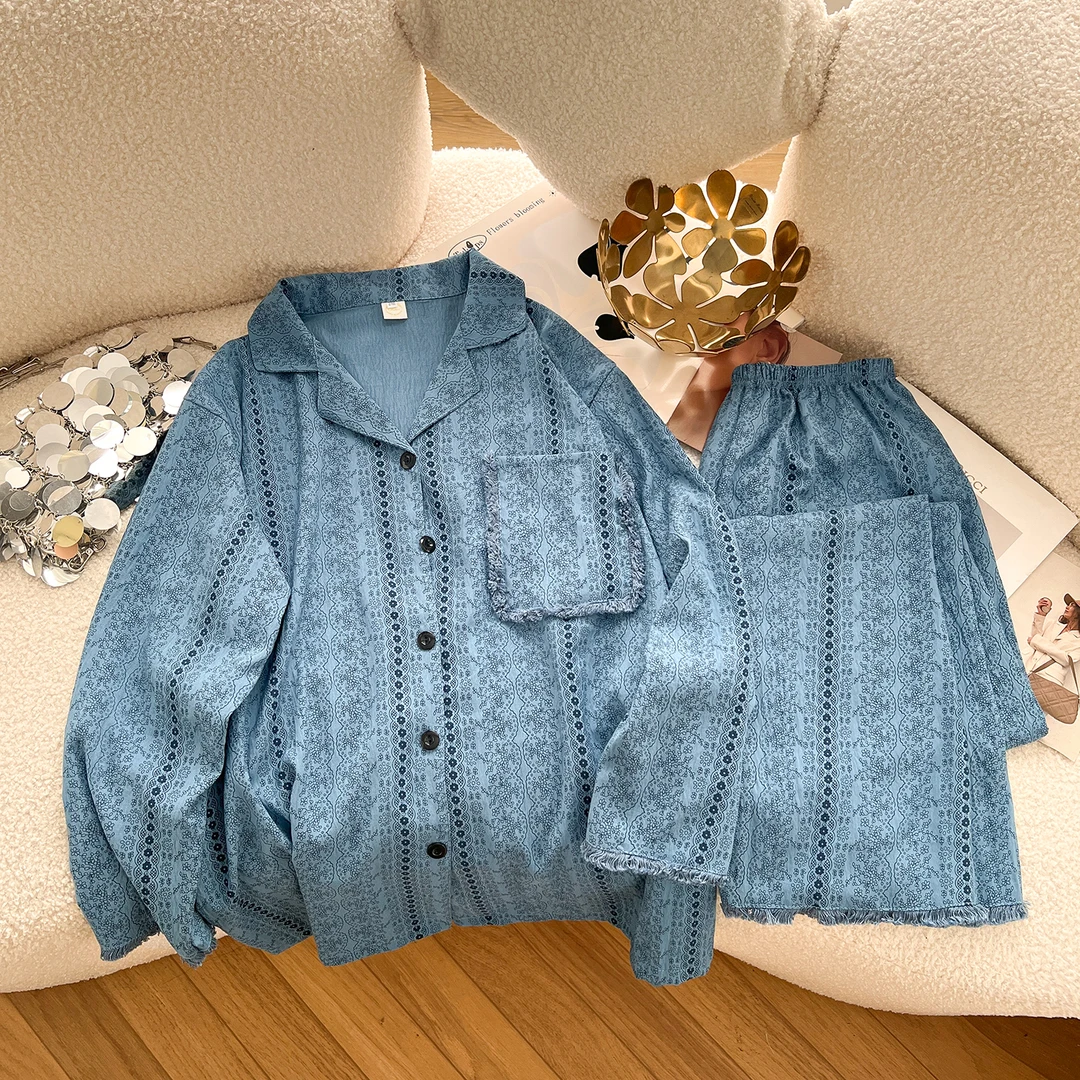 【蓝色流苏】长袖长裤秋款新款大码睡衣女胖mm250斤家居服套装