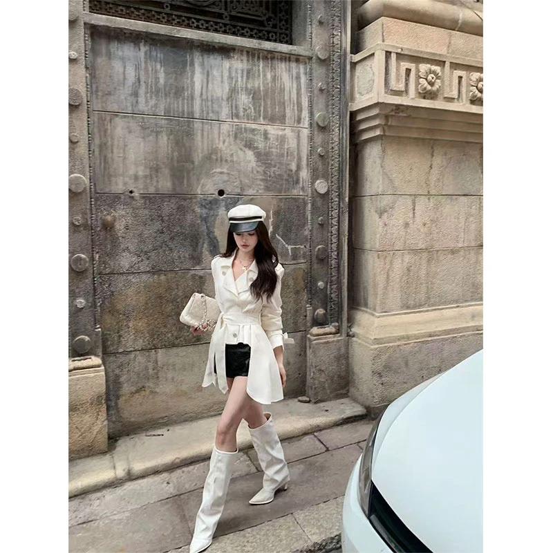 秋季款高级感绑带修身长袖风衣中长款外套上衣搭高腰百搭皮短裤女