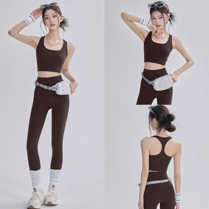 瑜伽服套装女2025新款高腰紧身裸感瑜伽裤健身普拉提美拉德两件套