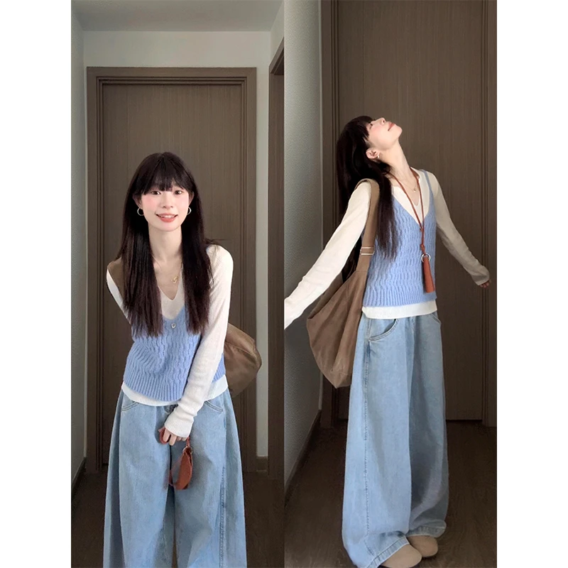 MARIE.COCO韩系ins风v领吊带叠穿针织衫上衣女早秋高腰阔腿牛仔裤