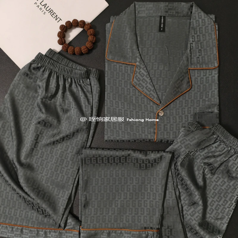 夏季新款男款睡衣冰雪丝短袖宽松大码休闲高档家居服套装