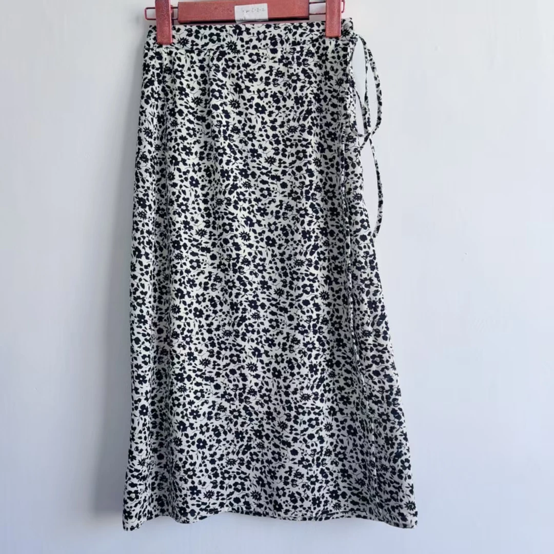 【C22】系带黑碎花开叉高腰百搭气质不规则半身裙遮肉