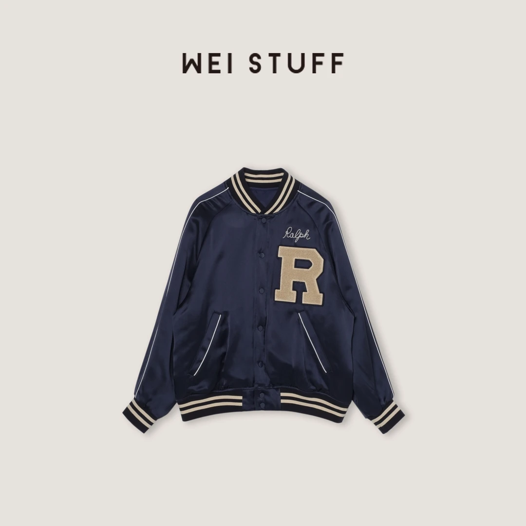 WEI STUFF字母刺绣缎面藏青色醋酸棒球服外套 10415.