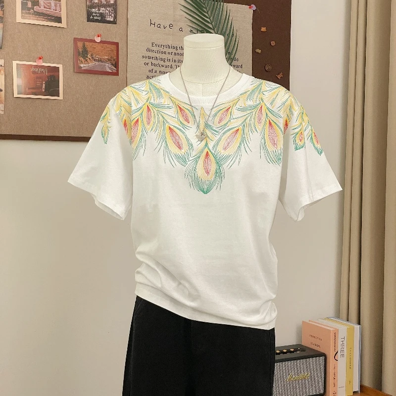 特大码胖mm印花羽毛短袖T恤男女夏季300斤宽松时尚百搭上衣