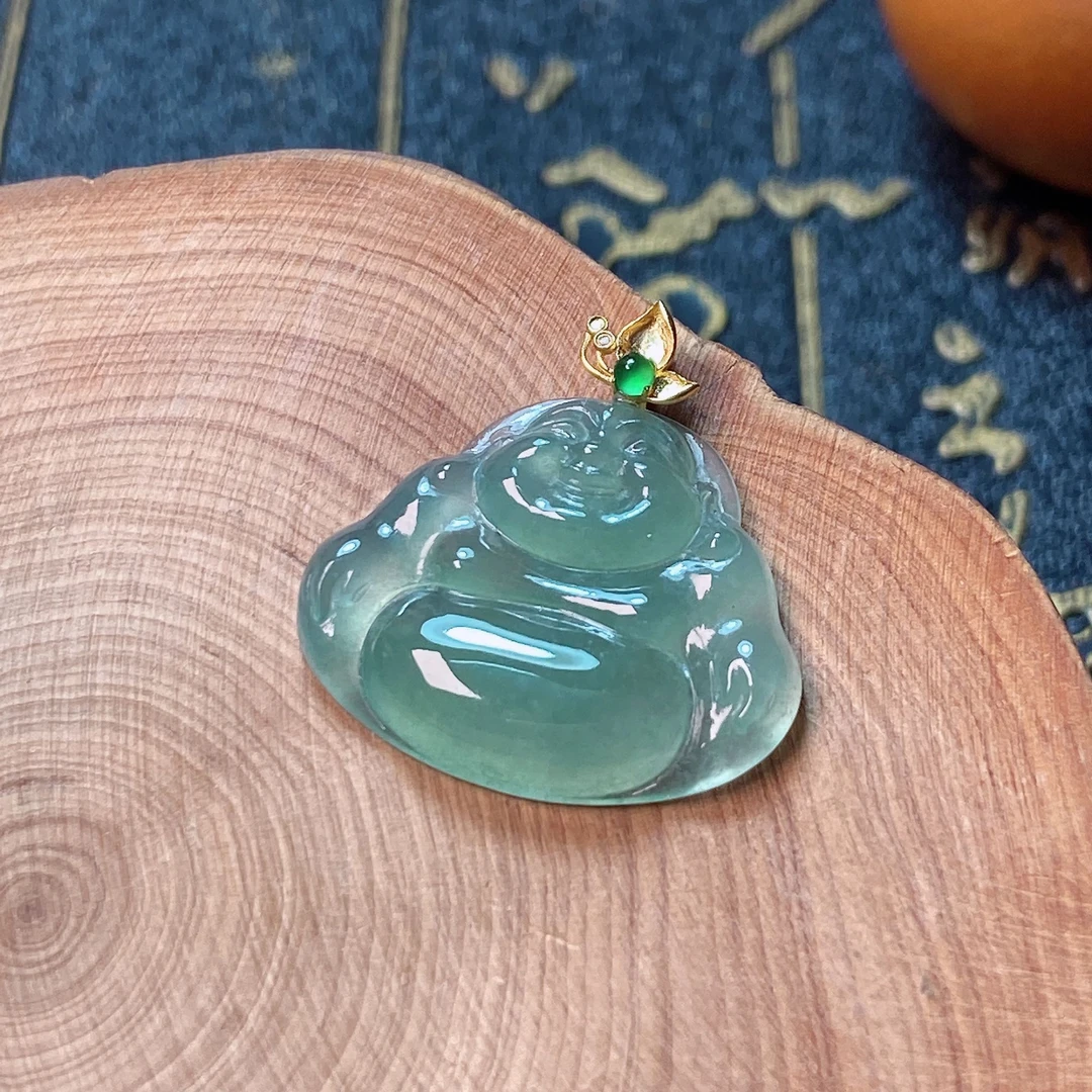 晴底佛公吊坠缅甸翡翠A货18K金镶嵌一刀切工艺