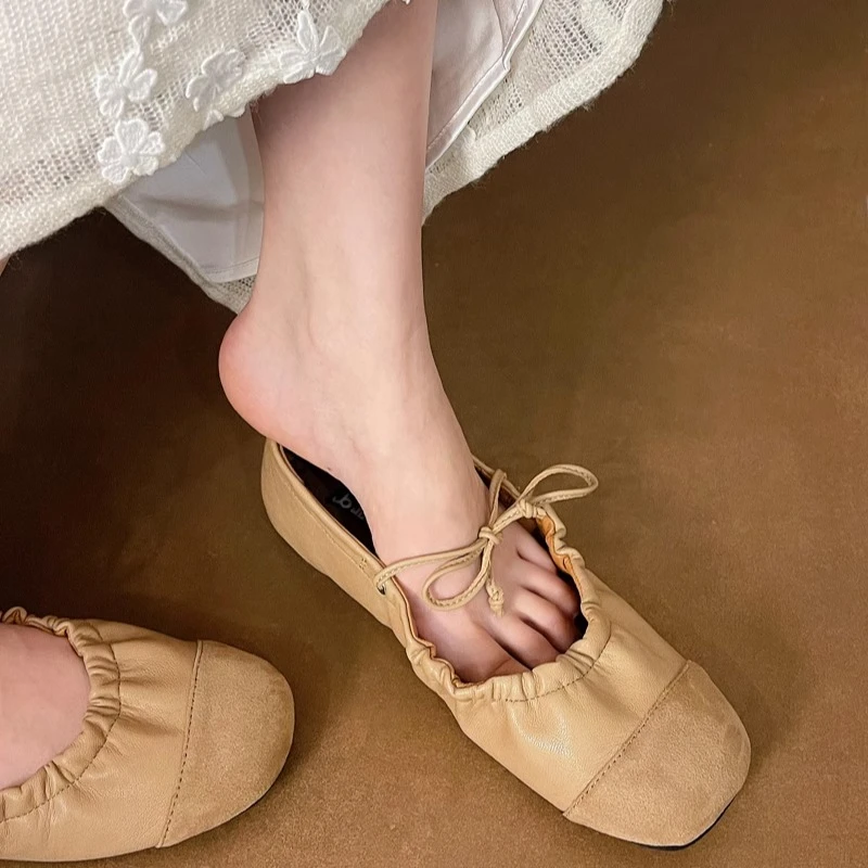 美猫汇真皮底2025新款平底浅口单鞋女豆豆鞋瓢鞋低跟配裙子奶奶鞋