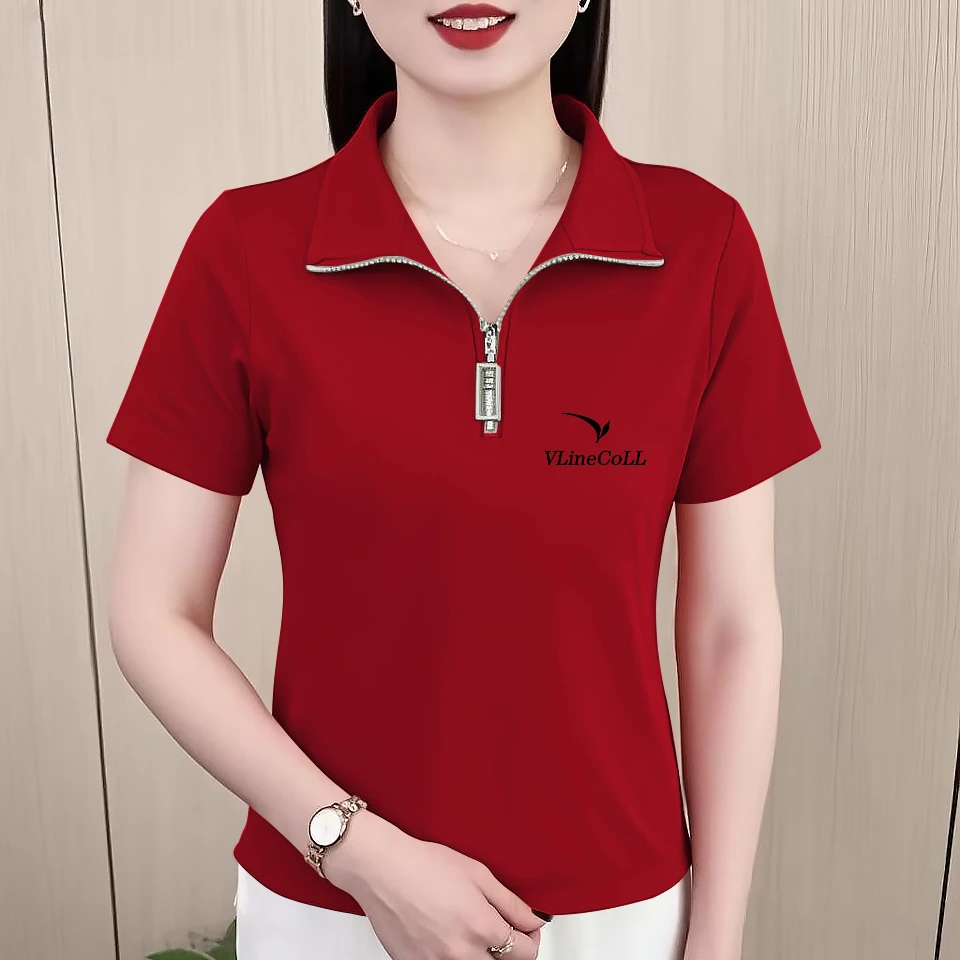 纯棉大码立领短袖t恤女夏季薄款拉链正肩宽松显瘦百搭中年体恤衫
