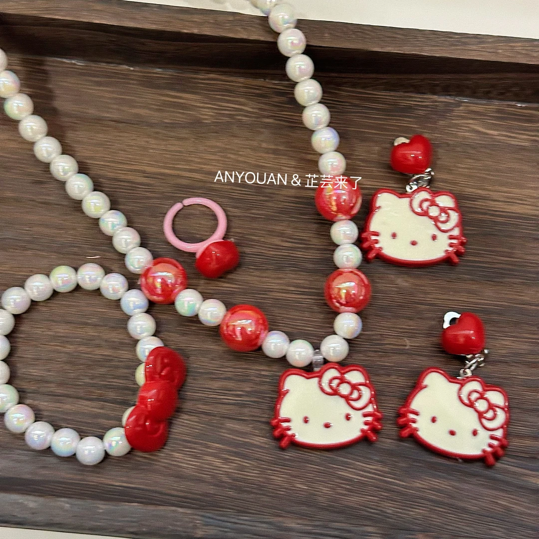 红色猫咪项链5件套出口儿童手链戒指耳夹套装卡通女宝首饰礼物