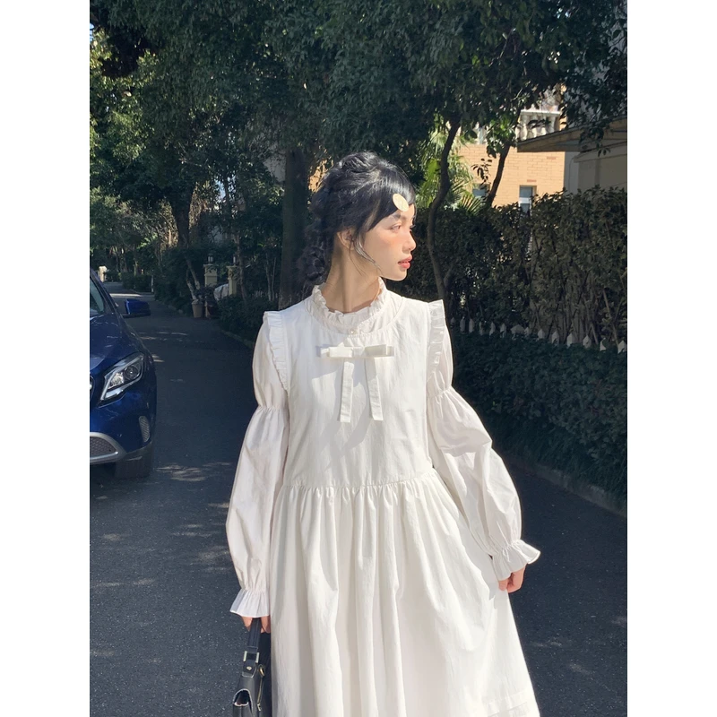 霍里德地图 夏季白色圆领无袖中长款甜美背心裙高腰百搭连衣裙