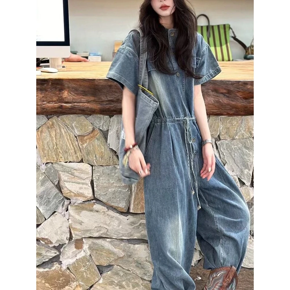 夏季2024新款牛仔连体裤女舒适文艺水洗做旧系带显高显瘦连衣裤子