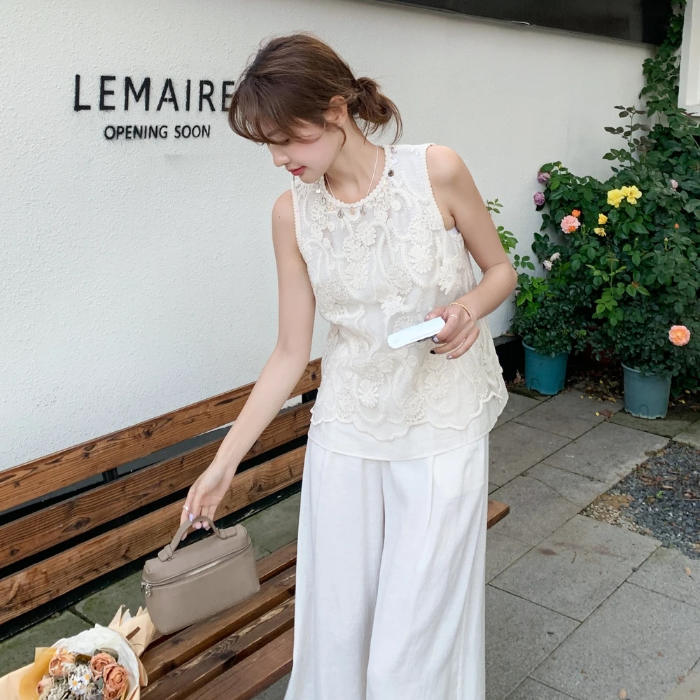 法式白色蕾丝无袖上衣阔腿裤套装女2025夏季新款高级感气质两件套