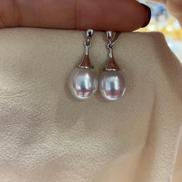 银S925镶嵌耳饰海水珍珠9-10mm48号