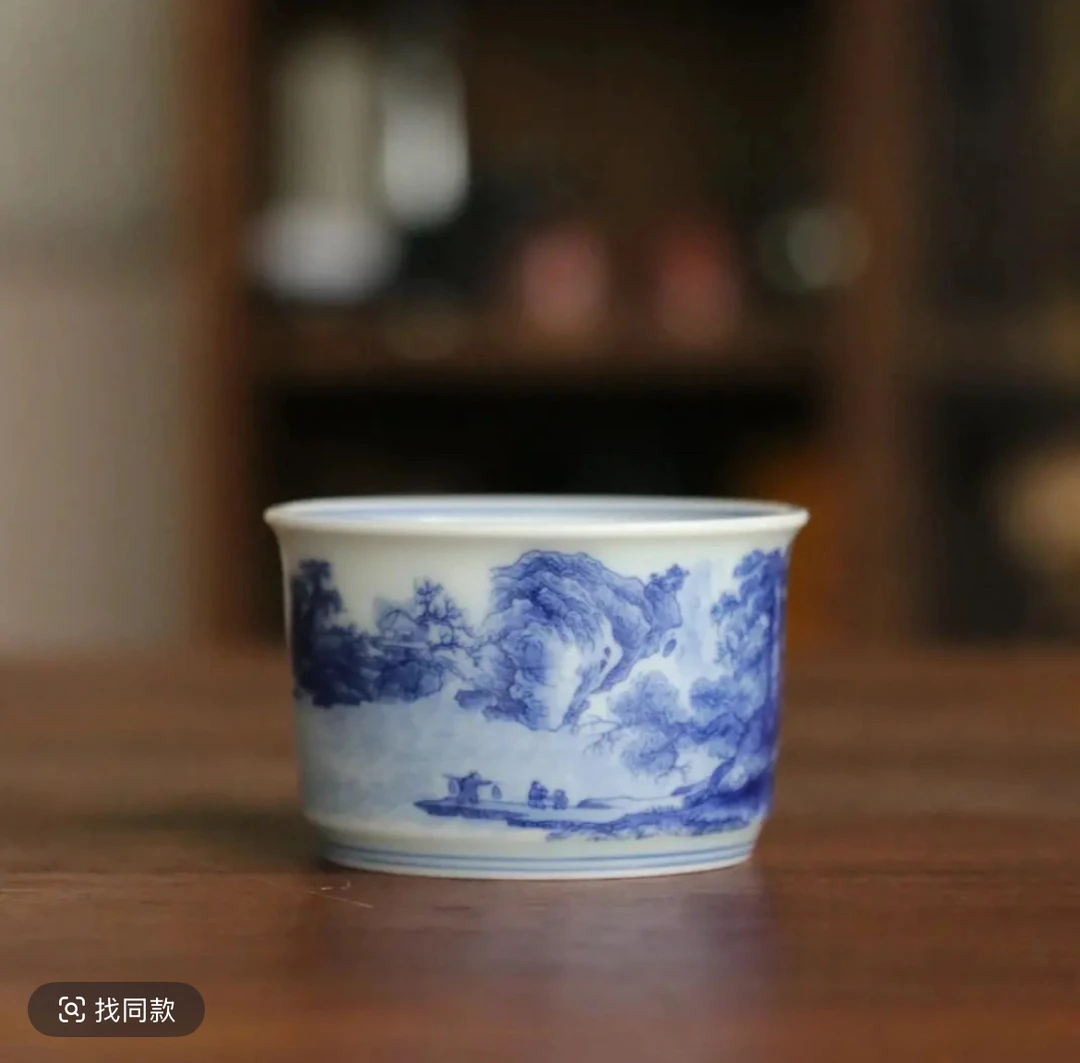 景德镇陶瓷青花山水容天客杯春山图单杯品茗杯家用