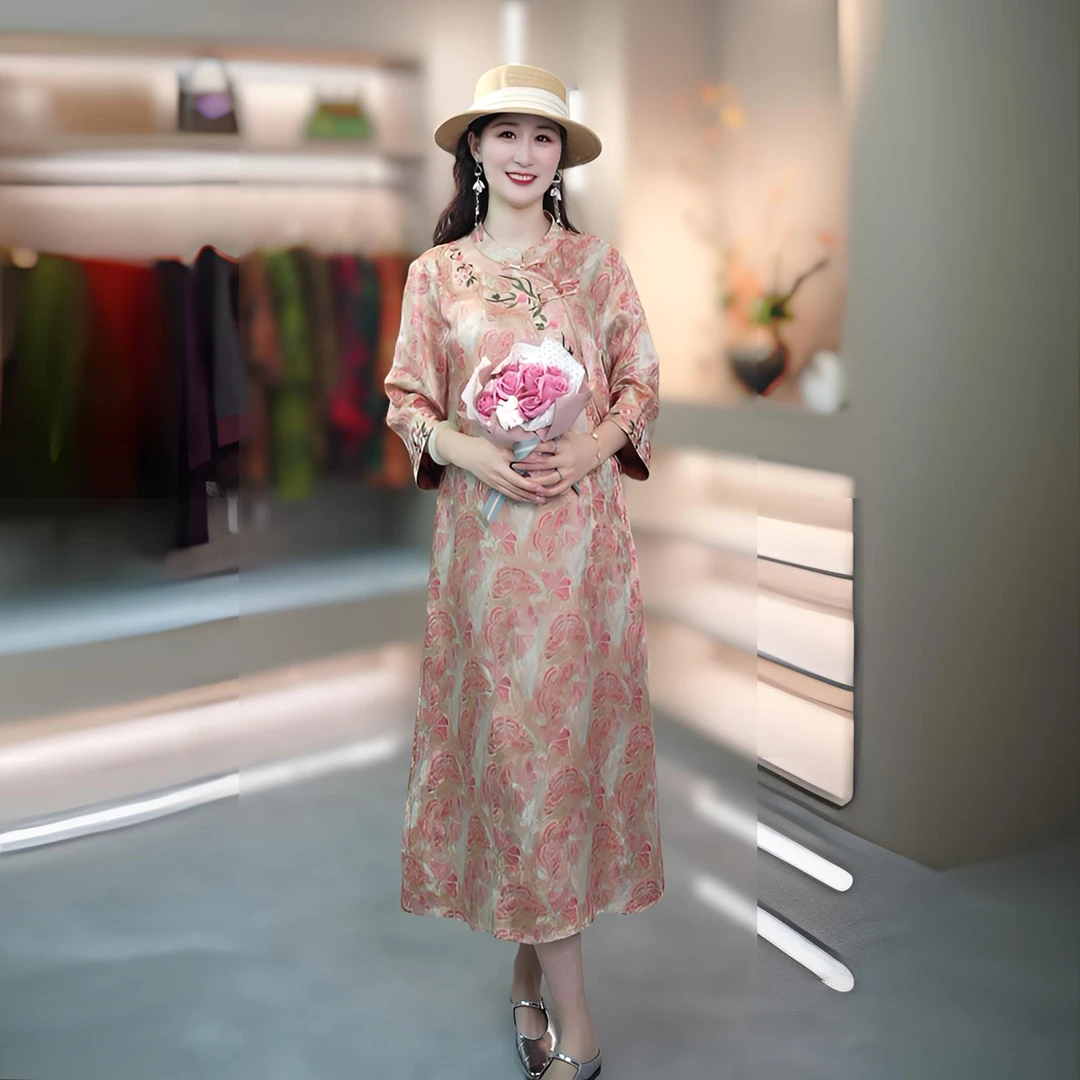 粉蝶新中式连衣裙花萝刺绣新款百搭显瘦休闲长袖气质中长款中国风