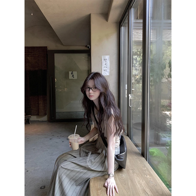 温婉大方衣服慵懒风斜肩短袖T恤上衣夏季高腰宽松拖地休闲阔腿裤