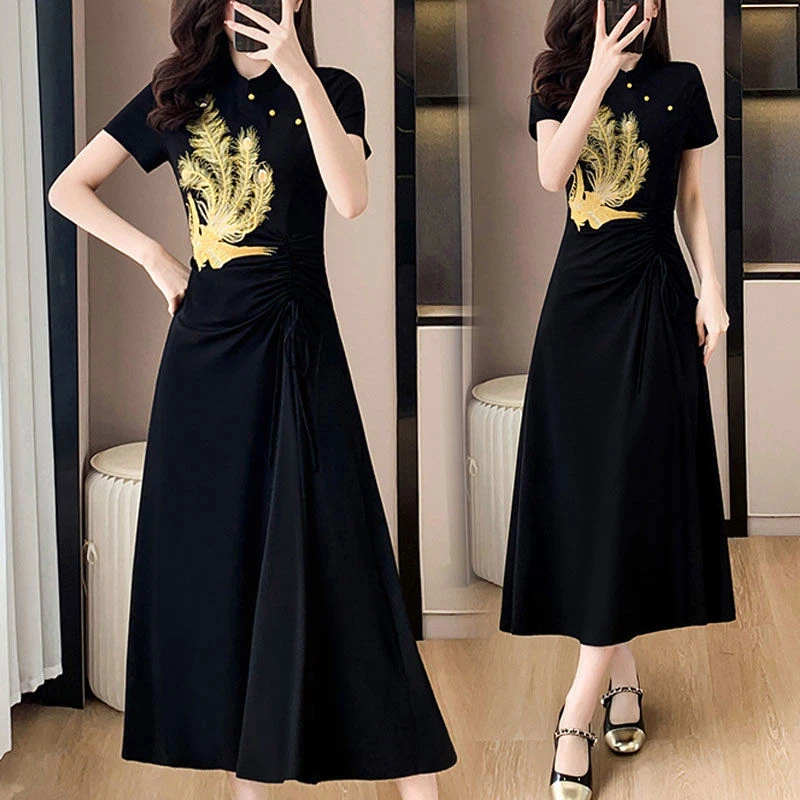 大码气质夏季新款改良复古刺绣连衣裙时尚胖MM收腰显瘦过膝长裙潮