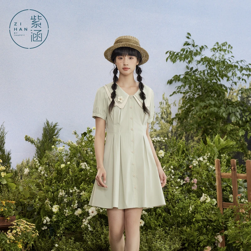 紫涵翻领短袖连衣裙夏季新款森系风单排扣收腰A字短裙Z4Z03AN054