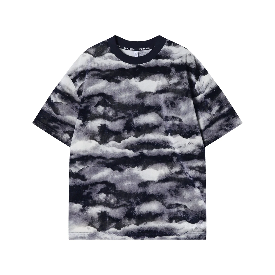 T1486新款时尚云层印花男士短袖百搭潮流满印上衣宽松百搭休闲T恤