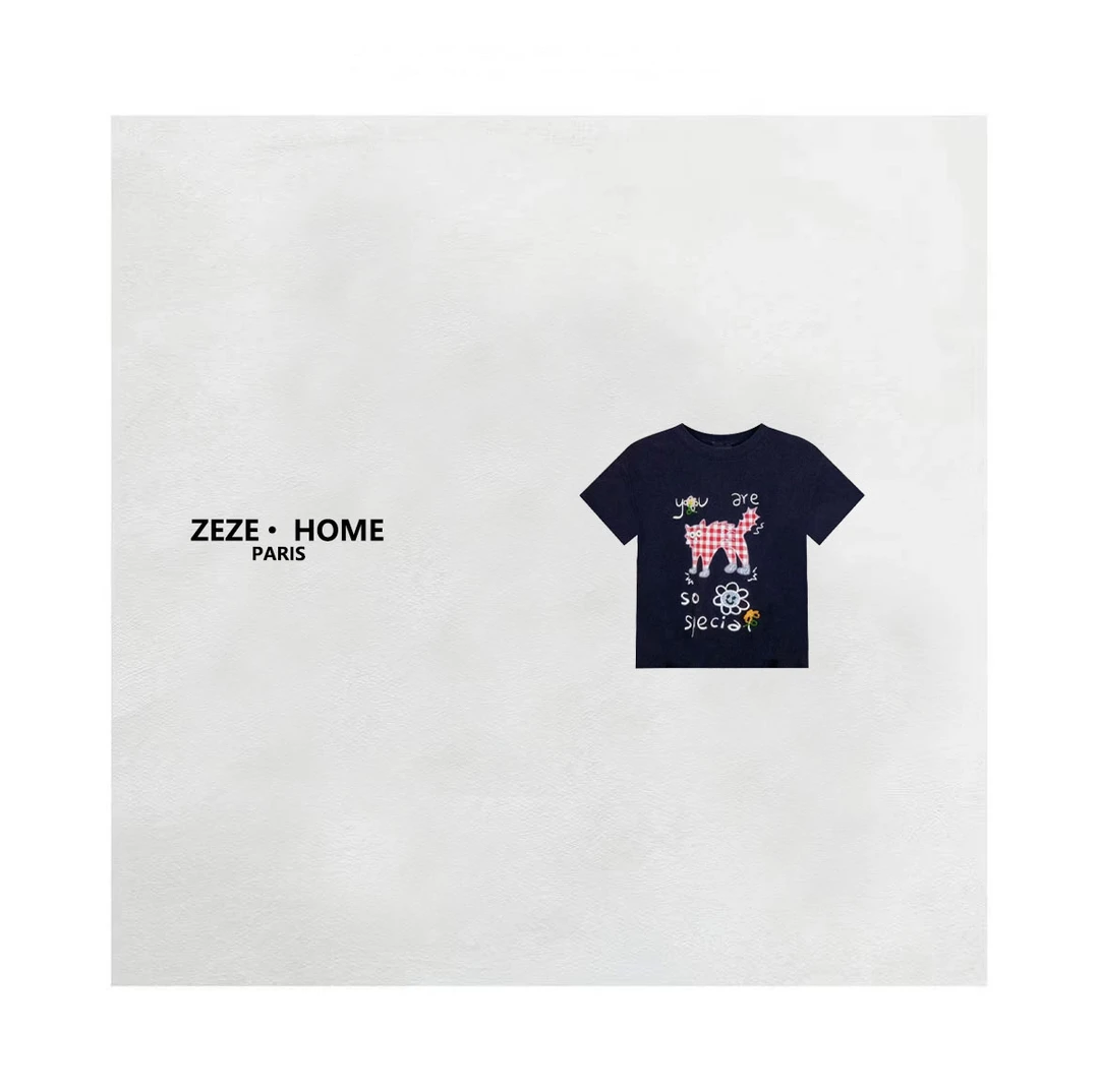 【多多专属】小众设计格子猫咪贴布刺绣修身女装短袖T恤女2025新款