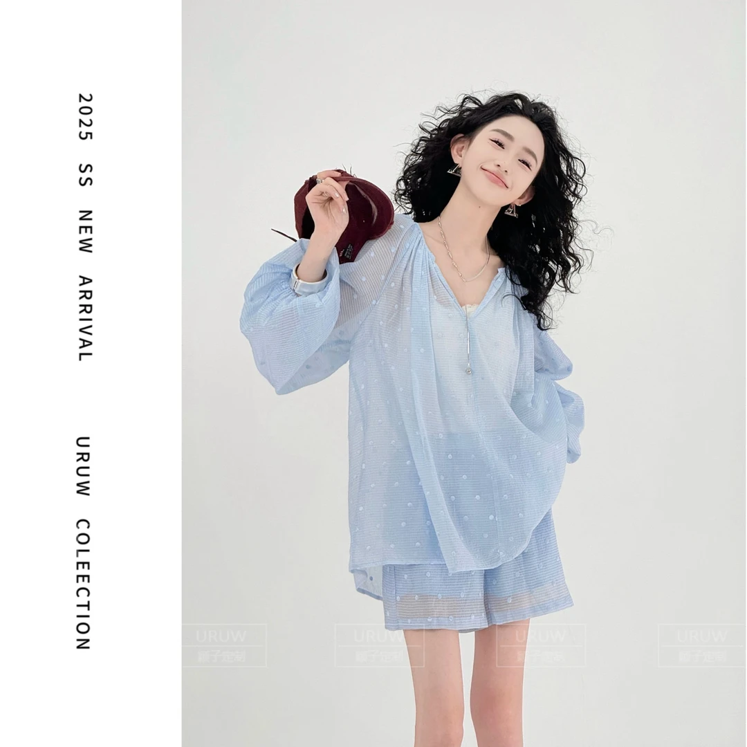 颖子定制【南法遐想】时尚休闲微透波点长袖上衣女高腰直筒短裤9307