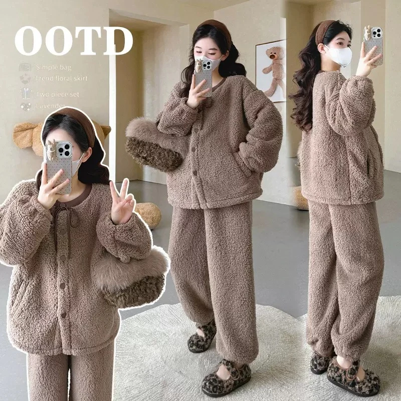 加厚珊瑚绒睡衣女冬季加绒2025新款可外穿秋冬天法兰绒家居服套装