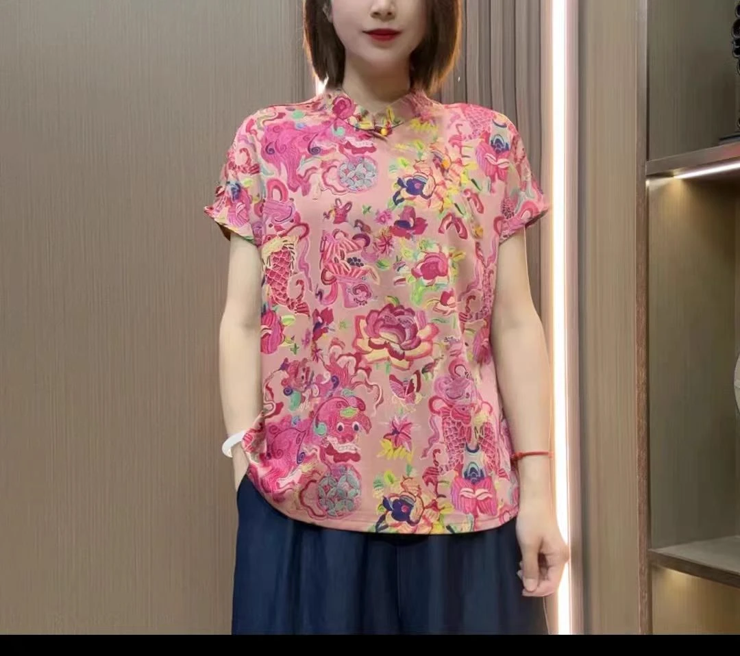 鑫乐芮】首单优惠券】薄款碎花立领通勤新中式缎面国风印花上衣圆领