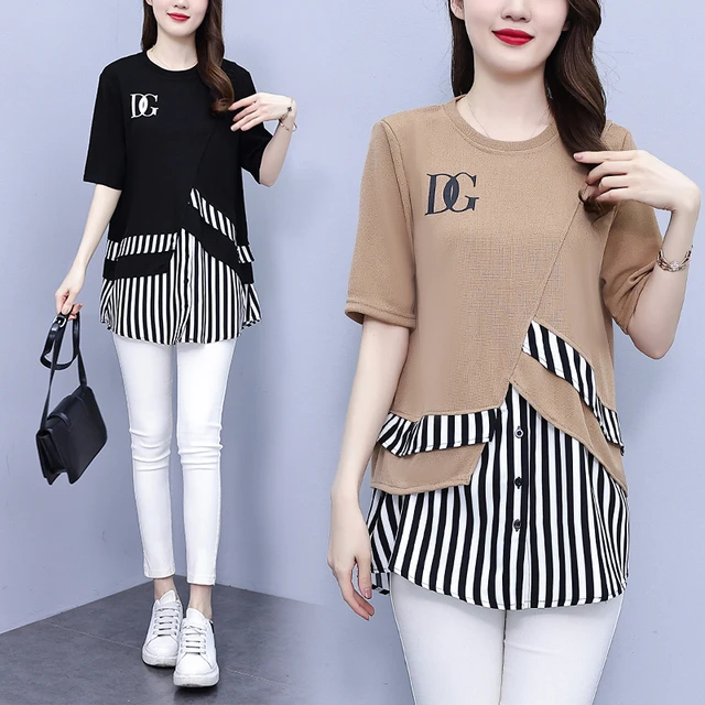 大码韩版时尚拼接条纹T恤女装2025年夏新款胖mm宽松显瘦百搭上衣