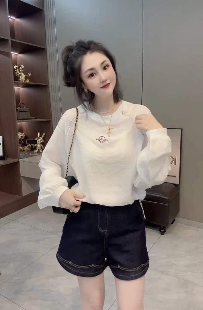 韩版宽松笑脸刺绣字母麻料上衣女夏新款拼色棉麻T恤