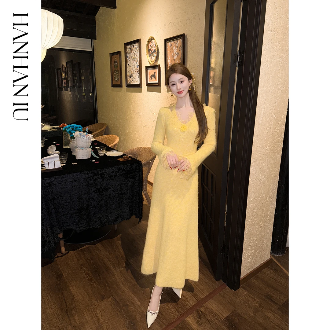 韩韩IU【花期美梦】高定绵羊毛蕾丝优雅气质修身显瘦长款毛织连衣裙