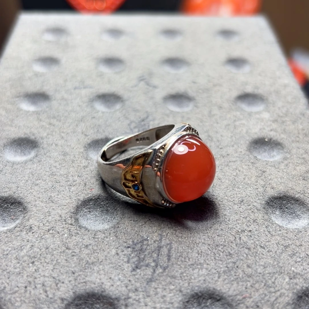 银S925镶嵌杨柳三眼井料南红戒指南红玛瑙