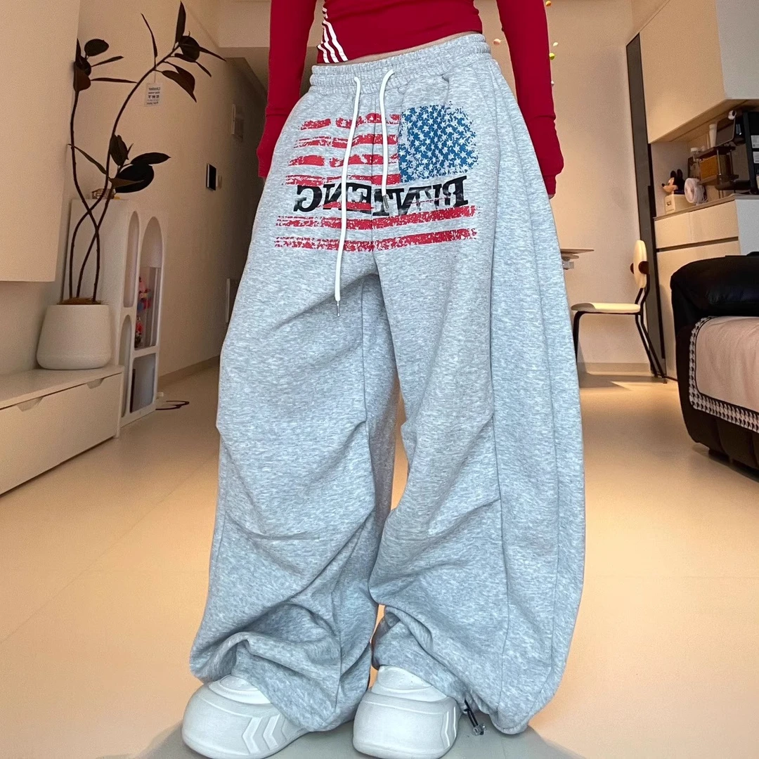 LIUGE 旗帜印花灰色美式复古宽松休闲运动弯刀卫裤女hiphop裤子