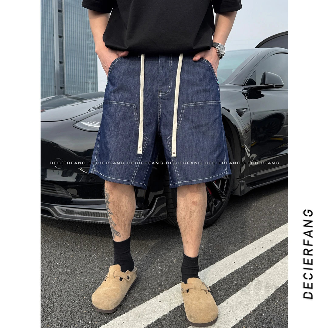 夏季新款美式明线抽绳牛仔短裤