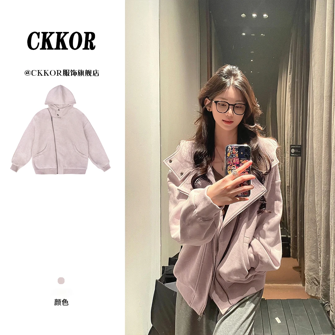 CKKOR秋冬新款双扣刺绣连帽开衫卫衣女韩系ins风百搭时尚潮流外套