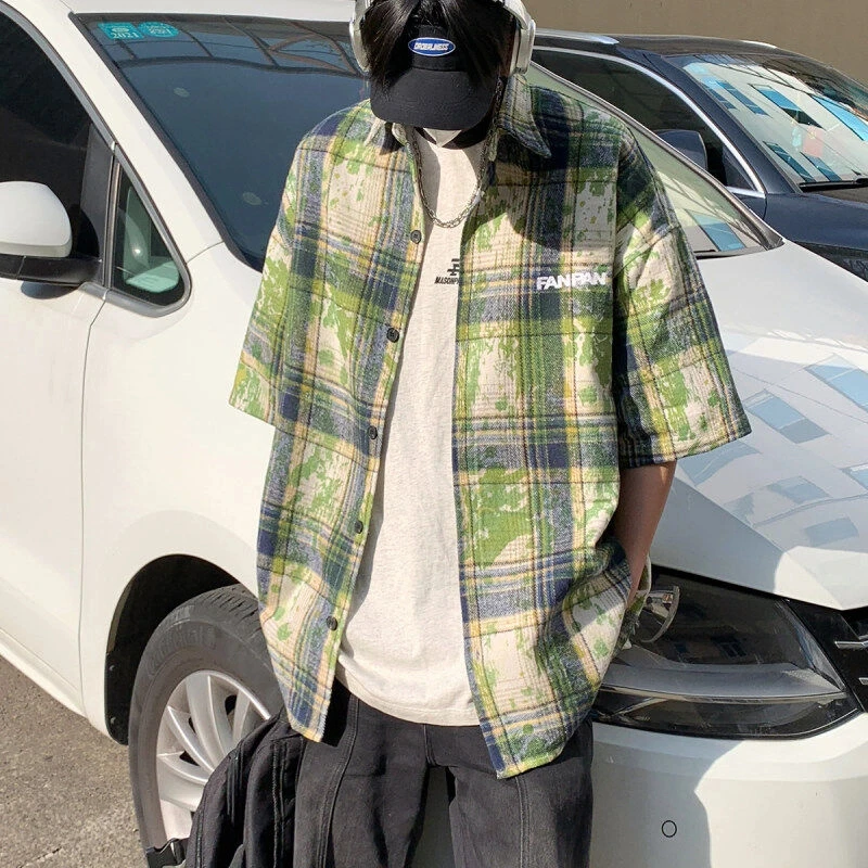 牛油果绿色扎染格子短袖衬衫男夏潮牌美式复古vintage衬衣休闲