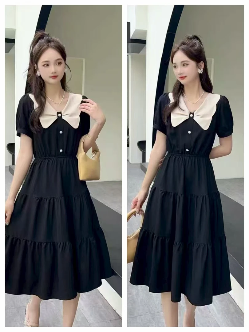 小个子夏季裙子娃娃领中长款睡裙中长裙时尚无袖成人显瘦气质复古
