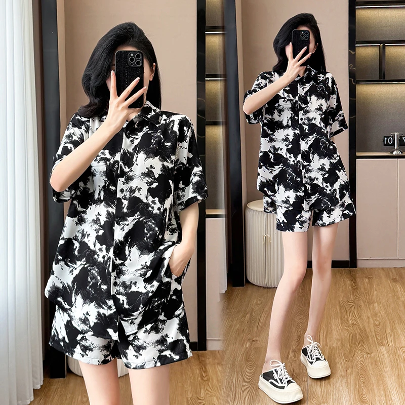 休闲运动套装女夏季新款水墨画时尚短袖燕尾恤衬衫短裤