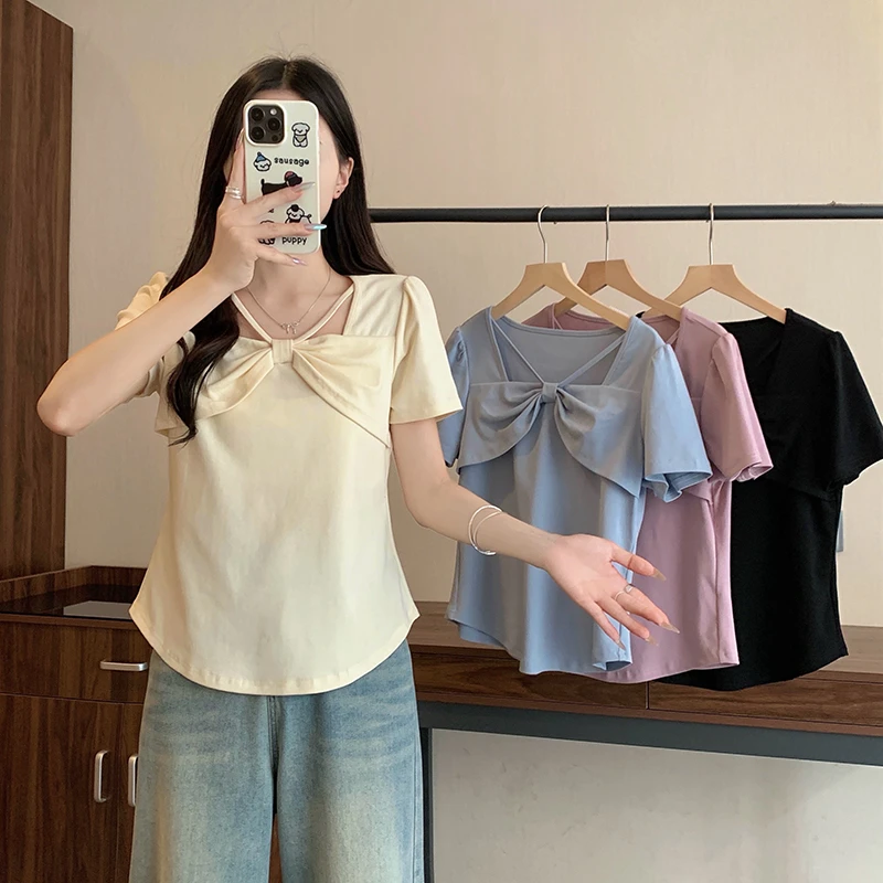2025夏装新款胖mm大码女设计感方领蝴蝶结辣妹别致短袖T恤A1092