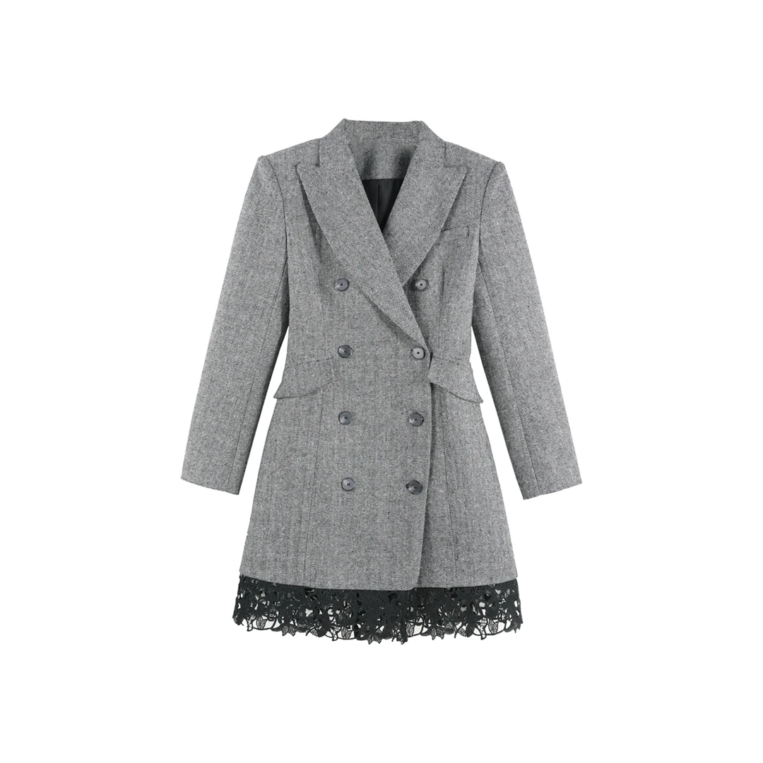 DENGDAHA「时尚主编」轻职风 翻领蕾丝边毛呢外套连衣裙HBZW652123