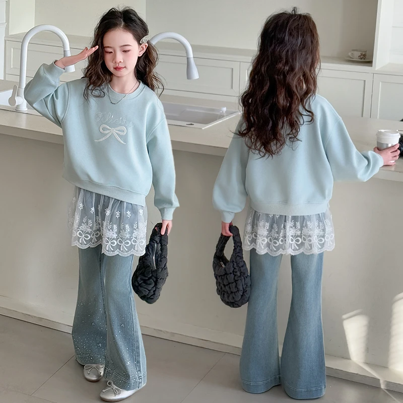 女童花边卫衣烫钻喇叭裤套装2025新款6-12岁潮款中大童时髦两件套