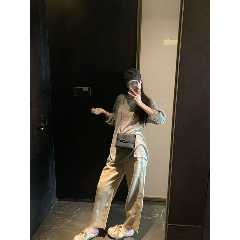 慵懒风休闲套装女夏季新款宽松显瘦韩版时尚长袖T恤阔腿裤两件套