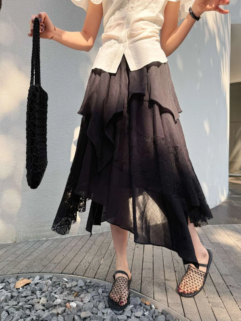 【JI.GU】不规则裁剪撞蕾丝边两色半身裙ES094