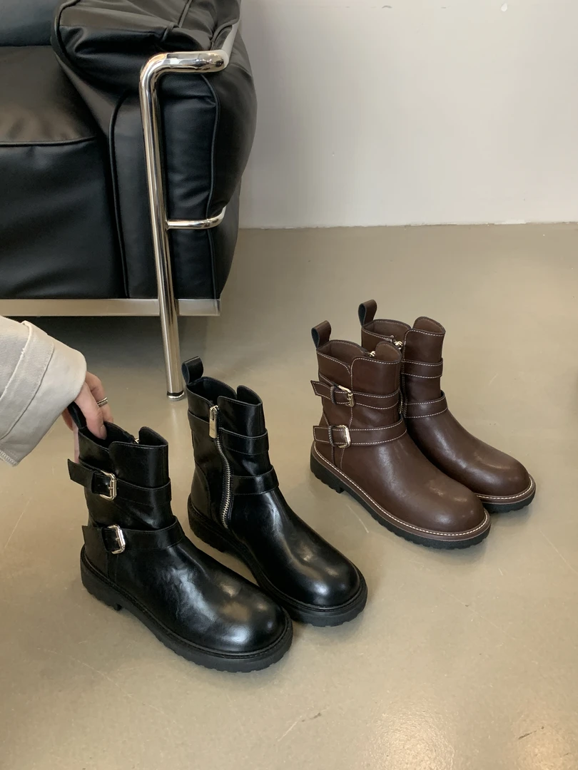 Crape myrtle短靴女2025新款秋冬季厚底粗跟复古英伦风马丁靴百搭