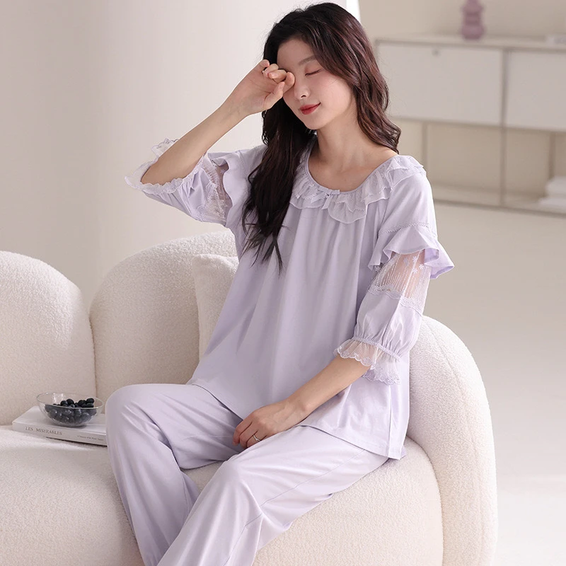 金黛儿2025新款七分袖睡衣女套装宫廷风重工灯笼袖高档家居服春秋