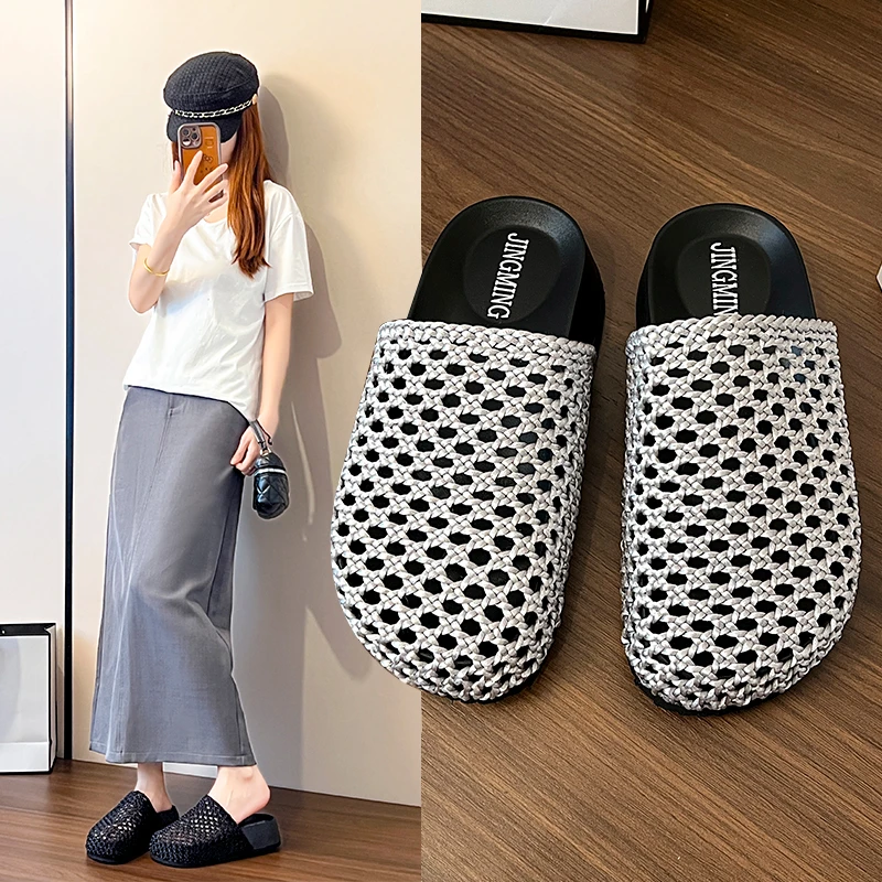 镂空编织渔网拖鞋女2025夏外穿厚底百搭休闲鞋包头半拖托鞋凉拖鞋