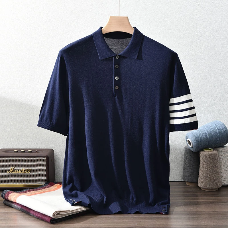 男士新款精纺康赛尼丝绒POLO领撞色短袖商务休闲时尚百搭套头T恤