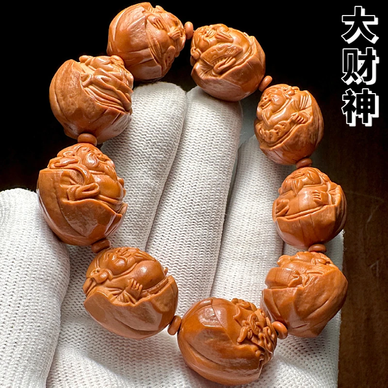 大尺寸八大财神男款橄榄核手串男士八方来财纯手雕刻八宝财神女士
