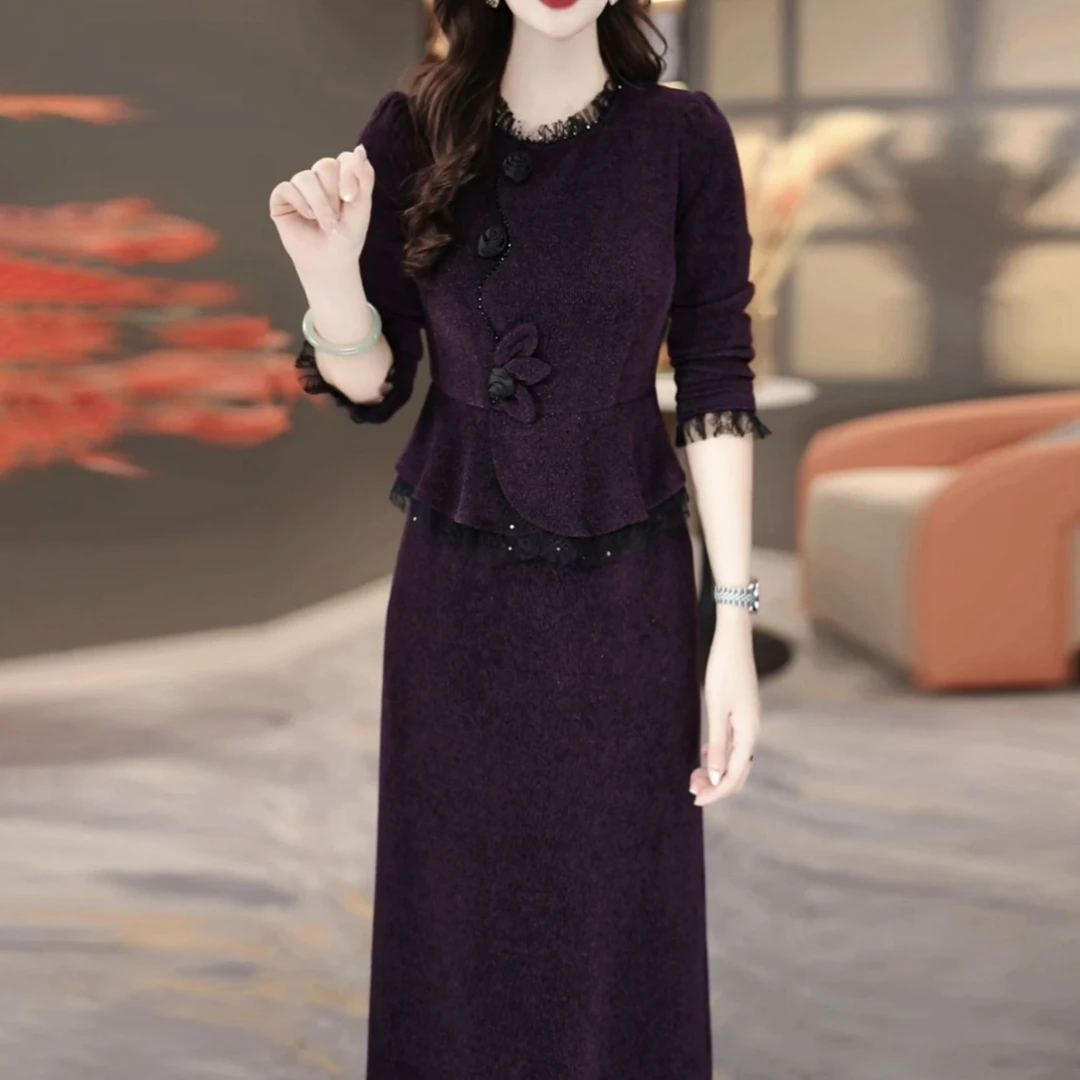 高档贵妃绒时尚洋气简约优雅礼服裙2025秋冬新款中长收腰连衣裙女