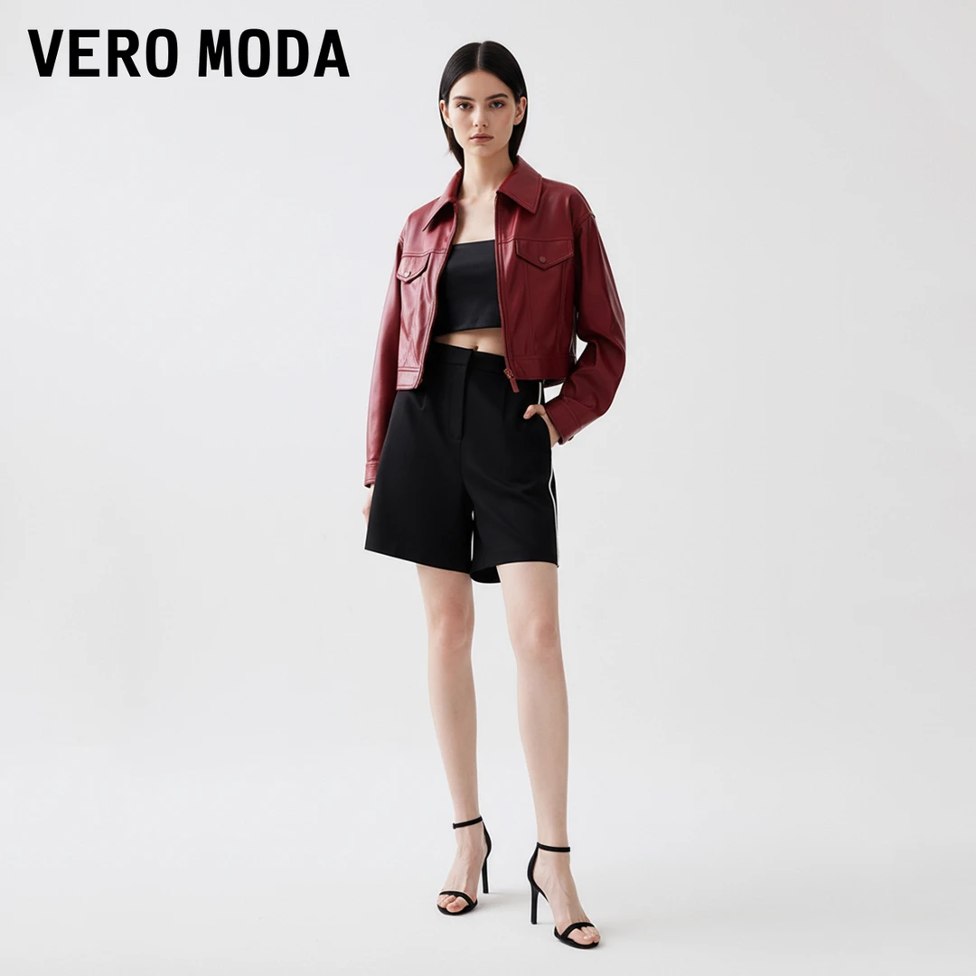 Vero Moda外套25新款PU短款长袖翻领纯色上衣百搭流光风325317022